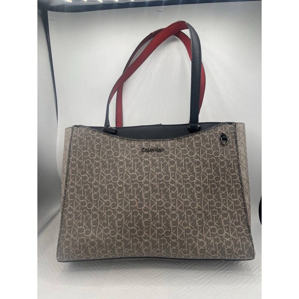 Calvin Klein CK Monogram Tote Bag Brown Black Red Shoulder Purse Zip Top